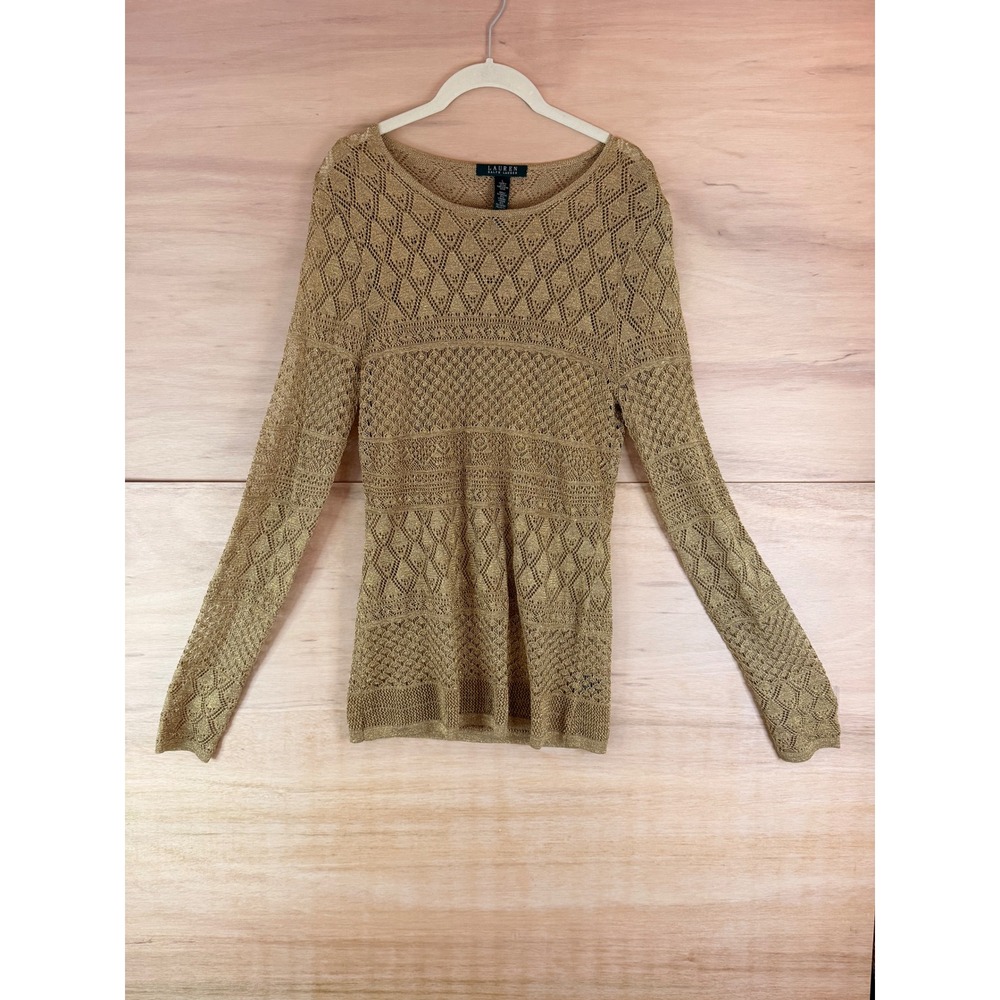 Lauren Ralph Lauren Gold Metallic Open Knit Diamond Crochet Sweater Large